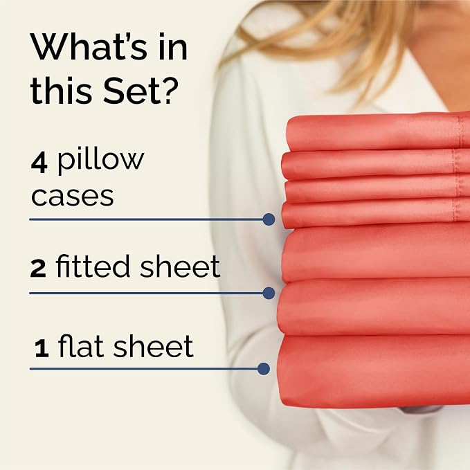 Split King 7 Piece Sheet Set - Comfy Breathable & Cooling - Ultra-Soft Hotel Luxury Bedding Set w/ 8-16 Inch Deep Pockets - 1 Flat & 2 Fitted Sheet & 4 Pillowcases - Wrinkle Free & Easy Care - Coral