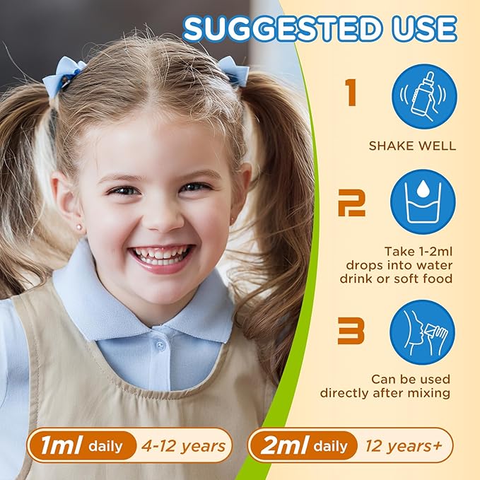 Gouttes de Vitamine D3 K2 pour Enfants, Supplément Liquide de Vitamine D3 avec Calcium, Oméga 3, Zinc pour l'Absorption du Calcium, Santé des Os, Développement Cérébral et Système Immunitaire, Sans OGM, Végan, Saveur Fraise 120 ml