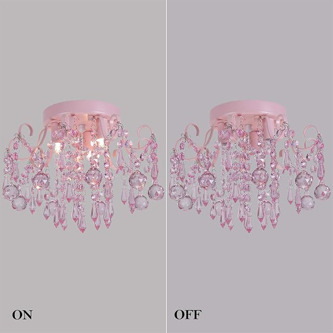 Q&S Mini Crystal Chandelier,Semi Flush Mount Pink Girl Chandelier, Small Crystal Ceiling Light Fixture Bedroom Bathroom Closet Nursery 3 Lights