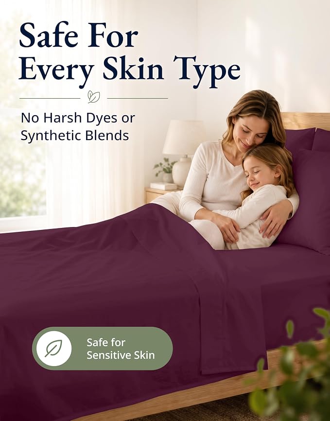 LANE LINEN Queen Fitted Sheet & Pillowcases Set (No Flat Sheet) - 100% Organic Cotton Soft & Breathable Percale Weave Fitted Sheet Set - GOTS Certified - 15'' Deep Pocket - Windsor Wine