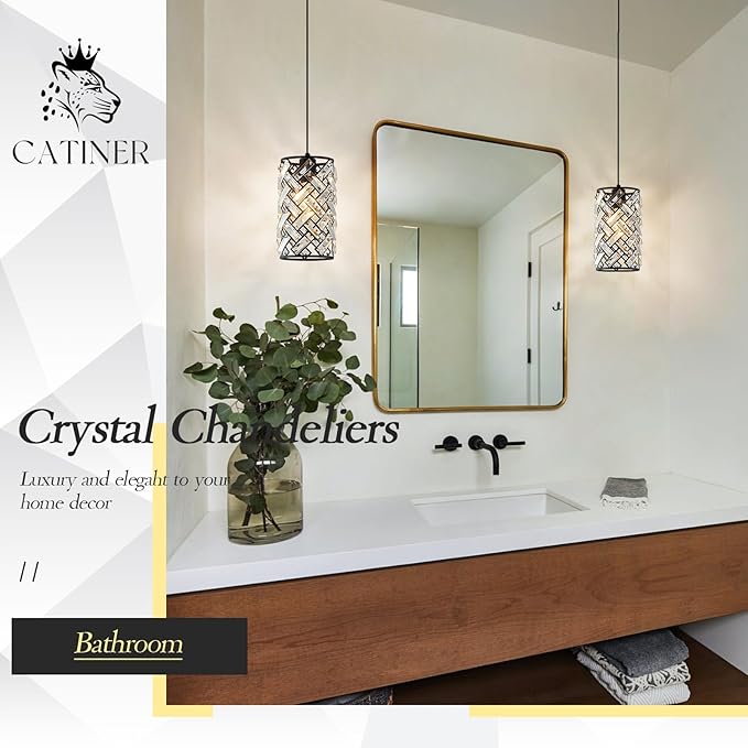 CATINER Modern Black Crystal Pendant Light Fixture - Mini Chandelier for Kitchen Island, Dining Room, Living Room, Hallway, Porch, Bedroom Lighting