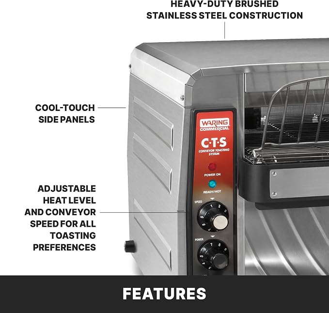 Waring Commercial Heavy-Duty Conveyor Toaster, 1000+ Slices per Hour, Stainless Steel Construction, for Cafes & Restaurants, NSF Certified, 208V, CTS1000B