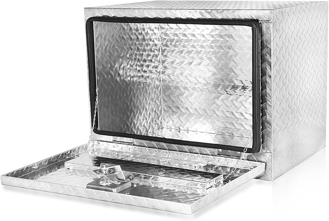 FORWODE 24x17x18 Inch Underbody Truck Tool Box Aluminum Trailer Tool Box with Lock & Foldable T-Handle Waterproof Truck Storage Box for Pickup Truck, Trailer, RV, ATV, Indoor（SILVER）