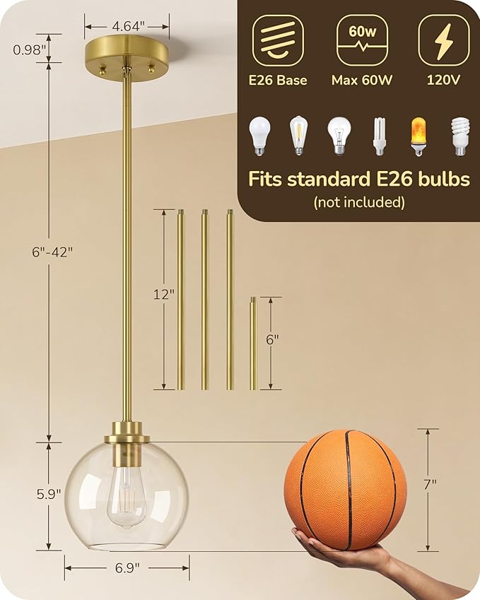 EDISHINE Pendant Light Fixtures 2 Pack with Clear Glass Globe Shade, Gold Kitchen Hanging Lighting Over Island, Hardwired Adjustable Metal Rod for Dining Room, Entryway