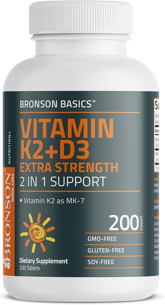 Bronson Vitamine K2 (MK7) avec D3 Supplément Force Extra 2 en 1 Soutien, 10 000 UI Vitamine D3 & 120 mcg K2 MK-7, 200 Comprimés
