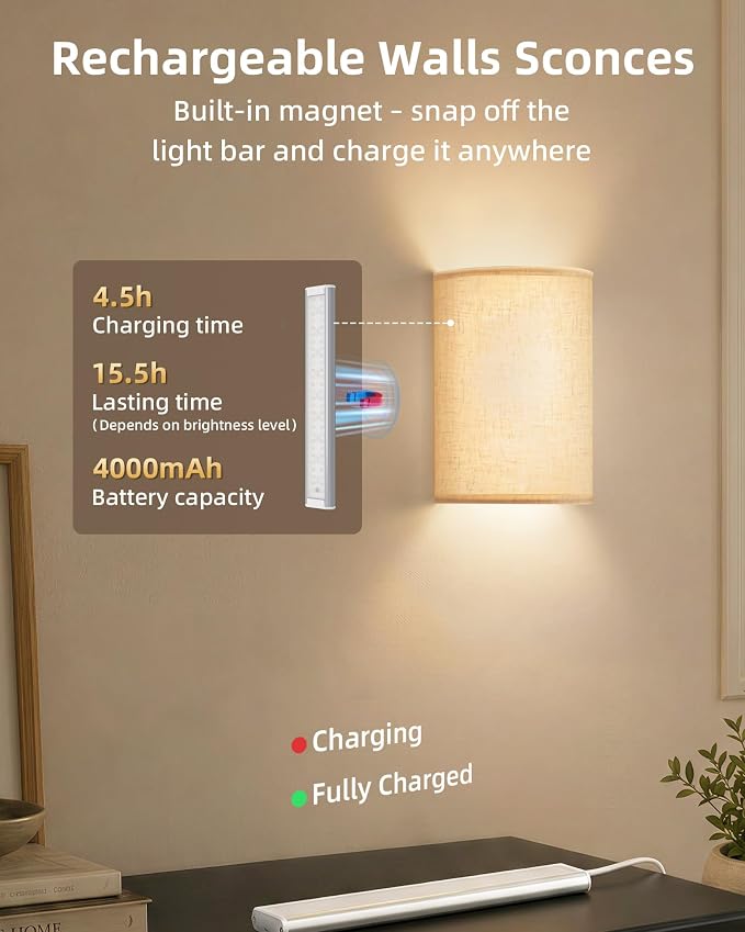 EZVALO Battery Operated Wall Sconce, Rechargeable Wall Sconces Set of Two with Remote, 3 Color & 80 RGB Wireless Wall Mount Lamp, Dimmable, Timer, Peel and Stick, Fabric Linen Wall Lights for Bedroom