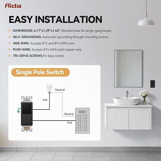 AIDA Single Pole Rocker Decorator Light Switch, 15 Amp Self-grounding Electrical Light Switches, Residential Grade, UL Listed (50, Glossy Black, Without Wall Plate)