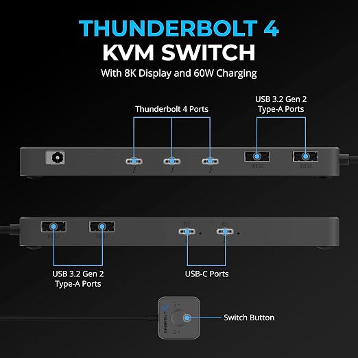 SABRENT Thunderbolt 4 KVM Switch, Peripheral Sharing with 3X Thunderbolt 4 USB C 40Gbps, 2X USB-C Charging 60W (PD 3.0) | 4X USB Type A 3.2x2 10Gbps | Supports 4K@144Hz / 8K@60Hz DSC (SB-TB4K)