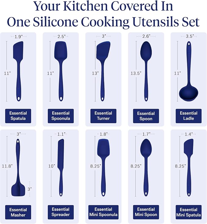 GIR: Get It Right 10-Piece Silicone Essentials Kitchen utensils set - Ladle, Spatula, Flip, Spoon & Spoonula - Non toxic cooking utensils for Nonstick Cookware, Cooking and Baking - Royal Blue