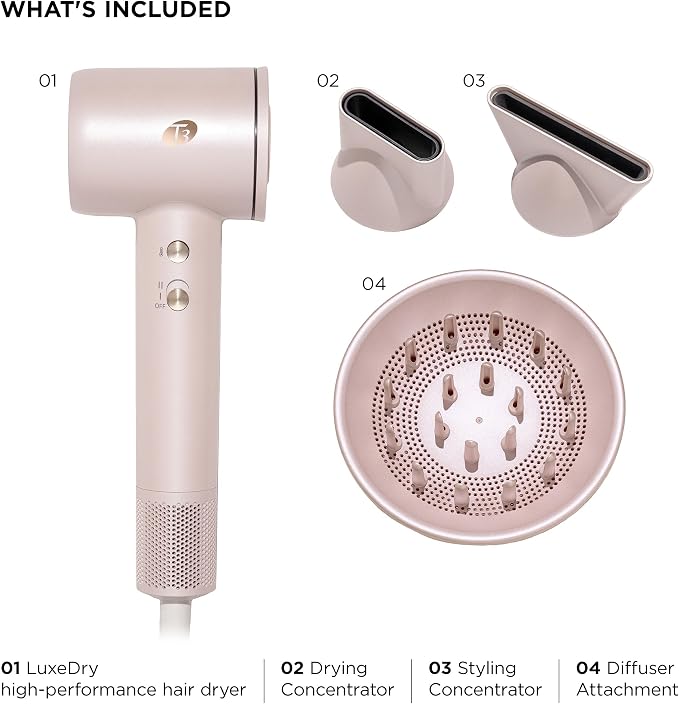 T3 LuxeDry Ionic Hair Dryer Set, Blow Dryer with Diffuser for Curly, Wavy & All Hair Types, Drying & Styling Concentrators, 3 Heat & 2 Speed Settings, Cool Shot, Frizz-Free Shine