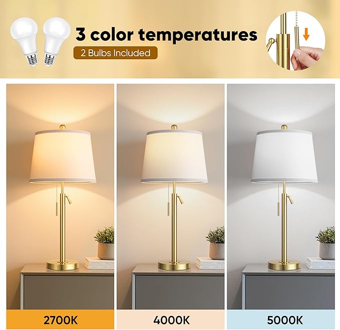 Tall Table Lamps Set of 2, Modern Gold Table Lamps with White Shade for Living Room, Height Adjustable Nightstand Lamps for Bedroom, 3 Color Temperature Beside Lamps with Pull Chain(Bulbs Included)