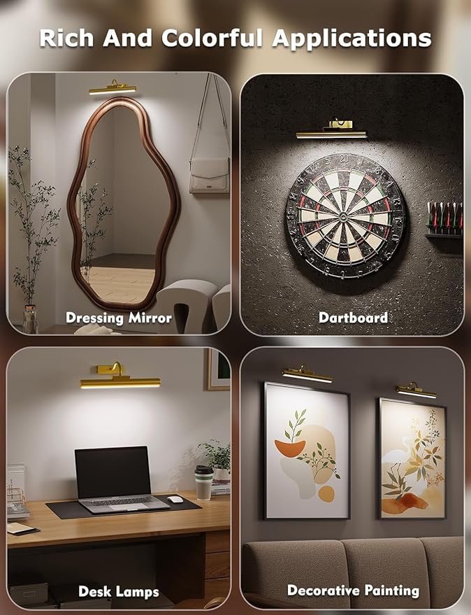 13" Aluminum Wireless Picture Lights for Wall, 5000mAh Rechargeable Battery Operated Wall Art Lighting, Dimmable 3-Color Gallery Painting Light for Pictures On Wall, with Remote/Timer [Gold, 2Pack]