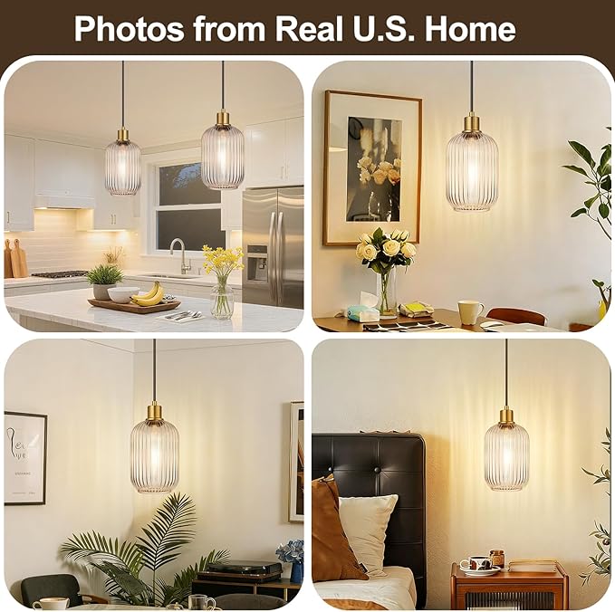 2 Pack 11"-70" Height Adjustable Clear Cylinder Pendant Lights Kitchen Island with Ribbed Lampshade, Brushed Gold Hanging Light Fixture, Pendant Lighting for Kitchen Island (Bulbs Not Included)