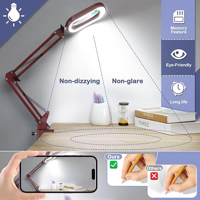 Drdefi 10X Square Magnifying Glass with Light and Stand, Real Glass LED Lighted Magnifier, 5 Color Modes Stepless Dimmable, Hands-Free Mag Desk Lamp with Clamp for Reading Craft Hobby Close Work Red