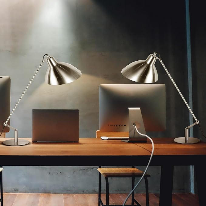Desk Lamp Modern Industrial 100% Metal Adjustable Table Lamp 24", Natural Light (4000K) with Dimmer, Ideal for Office Bedroom Study Room Living Room Nightstand Bedside Lamps Nickel