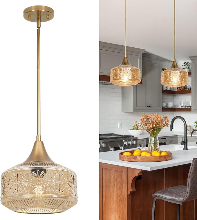 Retro Gold Pendant Lights Kitchen Island Lighting Fixture, Glass Pendant Light Large Brass with Large Thickened Amber Glass Shade, Classic Globe Pendant Light. Adjustable Hanging Light for Home Decor