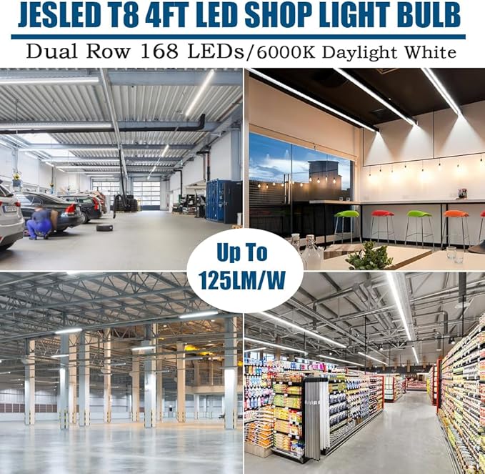 JESLED T8 4FT LED Type A+B Tube Light Bulbs, 24W 6000K, 3200LM Super Bright, Plug and Play or Ballast Bypass, 48 Inch LED Replacement for T10 T12 Flourescent Tubes, Dual-end Powered, Clear(12-Pack)