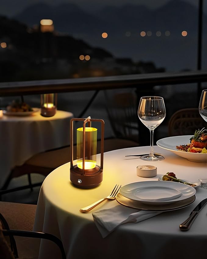 Set of 2 Cordless Table Lamps, LED Rechargeable Battery Operated Desk Lamps with 3 Color Stepless Dimmable, Small Light Portable for Outdoor Patio Bar Restaurants Bedroom Bedside (Brown)