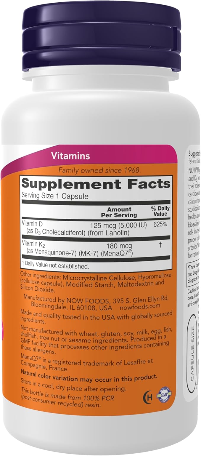 NOW Supplements, メガD-3 & MK-7, 5000 IU / 180 mcg, 骨と心血管の健康をサポート*, ビタミンD-3 & K-2, 120粒