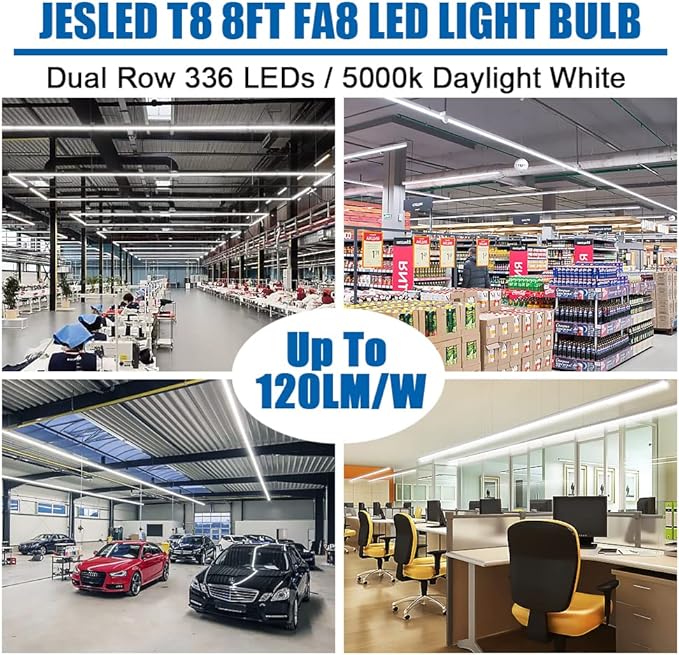 JESLED T8/T10/T12 8FT LED Tube Light Bulbs, 50W 6000LM, 5000K Daylight White, 8 Foot Single Pin FA8 LED Fluorescent Replacement for Shops Garage Light Fixtures, ETL Listed, Remove Ballast (4-Pack)
