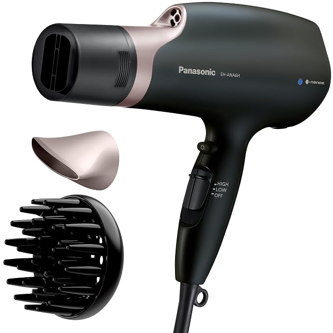 Panasonic Nanoe Salon Hair Dryer with Oscillating Quickdry Nozzle, Diffuser & Concentrator Attachments, 3 Heat & 2 Speed Settings, Japanese Technology for All Hair Types – EH-ANA6HN (Black/Pink Gold)