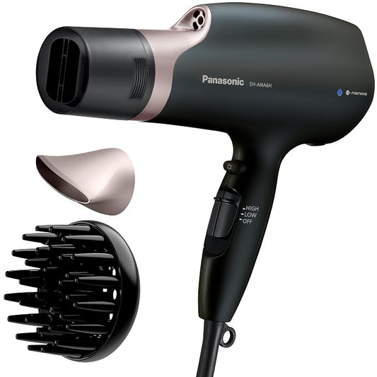 Panasonic Nanoe Salon Hair Dryer with Oscillating Quickdry Nozzle, Diffuser & Concentrator Attachments, 3 Heat & 2 Speed Settings, Japanese Technology for All Hair Types – EH-ANA6HN (Black/Pink Gold)