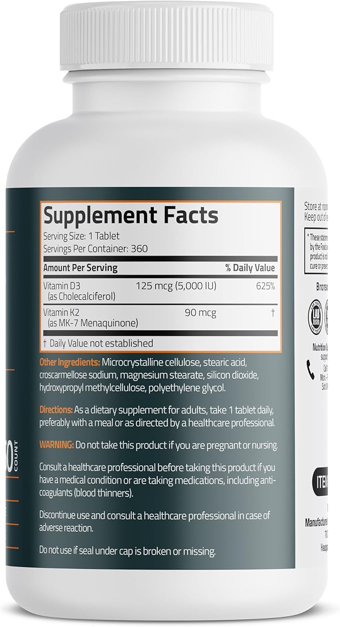 Bronson ビタミンK2 D3 (MK7) サプリメント 非遺伝子組み換え ビタミンD3 5000IU (125mcg) & 90mcg K2 MK-7、飲みやすい D&K コンプレックス、360錠