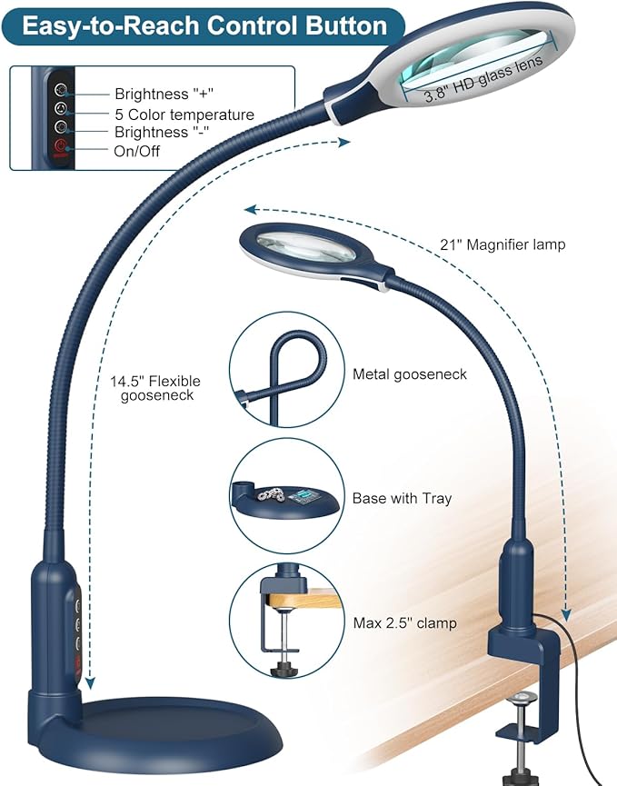12X Magnifying Glass with Light and Stand, Real Glass, LED 5 Color Modes, Brightness Stepless Dimming Lighted Magnifier Hands Free, Flexible Gooseneck Desk Lamp with Clamp for Close Work, Craft, Blue