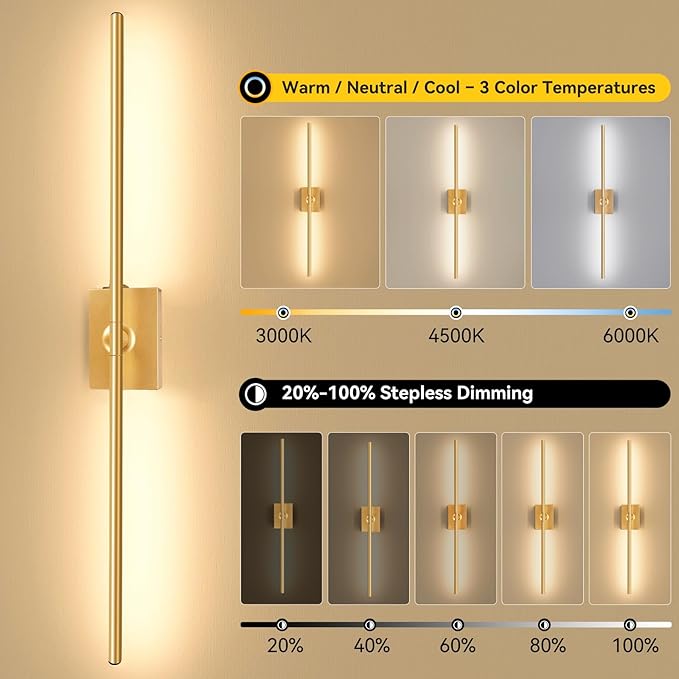 Ouyulong Battery Operated Wall Sconces Set of 2, 10000mAh Wireless Rechargeable 3000-6000K Dimmable 350° Rotate Wall Light with Remote for Living Room, Bedroom 27.6in Gold