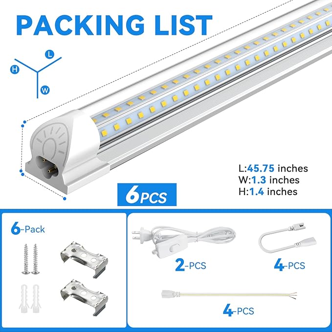 CNSUNWAY Led Shop Lights, 4FT LED Light 50W 7500LM 6500K Daylight White, D Shape Garage Light, Linkable Clear Cover T8 Integrated for Garage Workshop Workbench, ETL Listed(6-Pack)