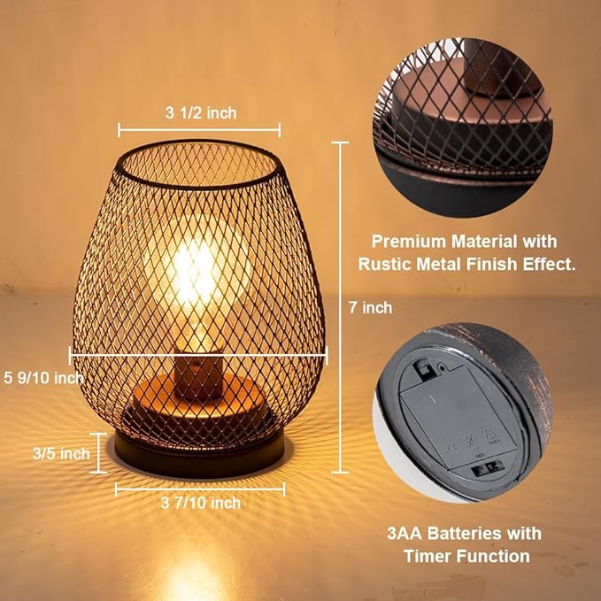 Set of 2 Battery Operated Lamp LED Table Lantern, Brown Metal Cage Cordless Lamps with LED Bulb，Vintage Decorative Outdoor Lantern for Weddings, Parties, Patio, Events for Indoors Shelf Decor