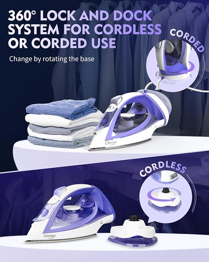 OMAIGA Cordless Steam Iron for Clothes, 1550W 2-in-1 Cordless and Corded Iron with Rapid Heat, Ceramic Soleplate, 3-Way Auto-Off, 12.85 oz Water Tank, Lavender