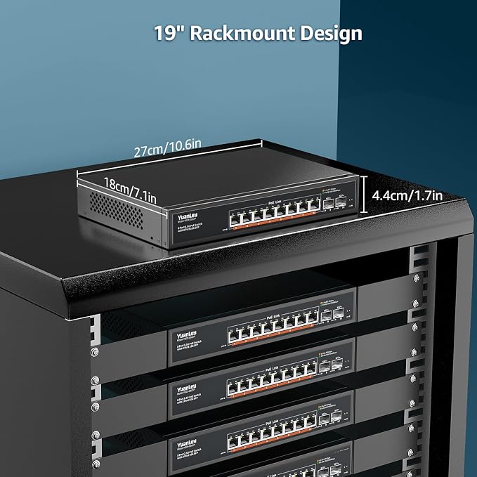 YuanLey 10 Port 2.5G PoE Switch Unmanaged, 8 x 2.5G Base-T PoE Ports, 2 x 10G SFP, IEEE802.3af/at, 120W, Compatible with 100/1000/2500Mbps, Metal Fanless, VLAN, Rack Mount 2.5Gbe Network Switch