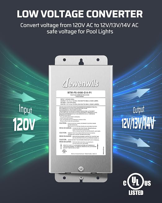 DEWENWILS 100W Low Voltage Pool Light Transformer, 120V AC to 12V/13V/14V AC, Multi-tap Safety Transformer for Pool Lighting, Spa, Underwater Fountain Lights, Outdoor Landscape Lights