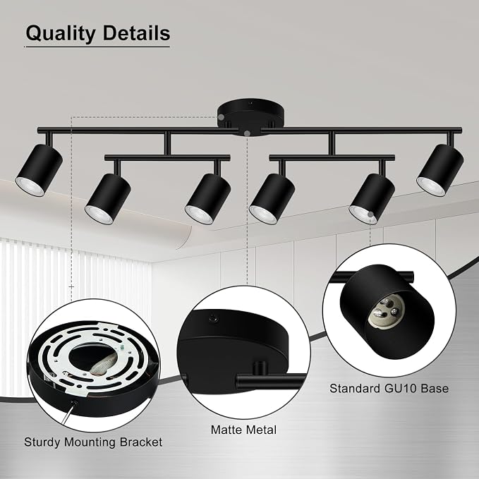 AUQUEE 6 Light Track Lighting Fixtures Ceiling, Matte Black Kichen Track Lighting Fixtures with Rotatable Light Heads, Upgrade Light Poles, Modern LED Sopt Lights for Kitchen/Hallway, No GU10 Bulb