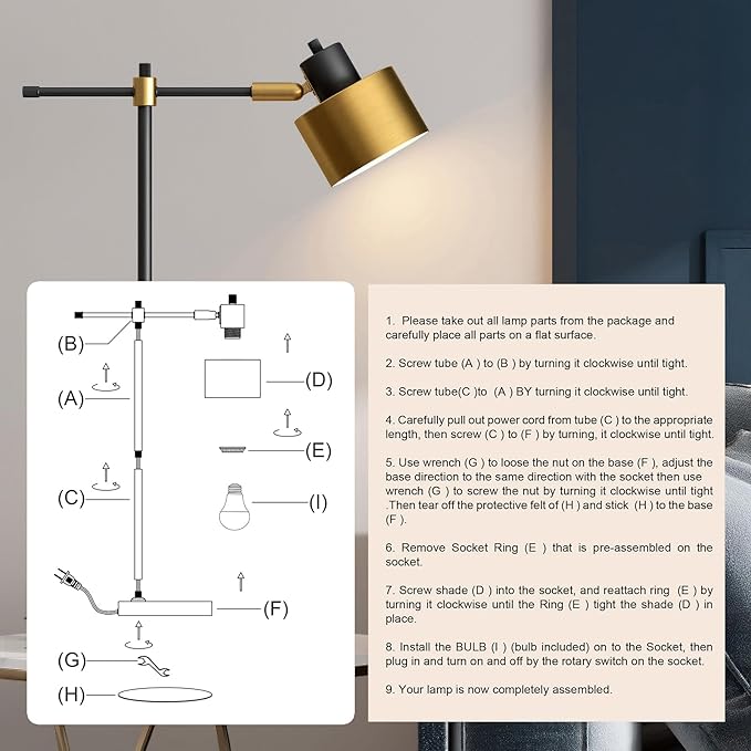 OYEARS 22.2" Modern Desk Lamp, Metal Table Lamp with LED Bulb, Adjustable Reading Lamps for Living Room, Mid Century Task Lamp for Home Office, Industrial Bedside Lamps with Solid Base,Black and Gold