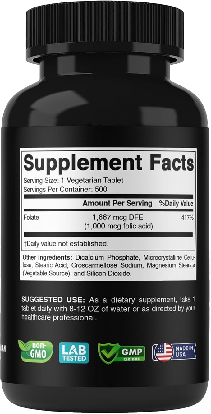 Vitabod Folic Acid 1 mg (1000 mcg) (Vitamin B9) - 500 Vegetarian Tablets - an Essential Prenatal and Postnatal Vitamin
