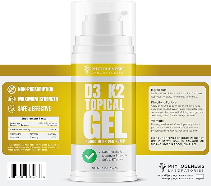 Vitamine D3 K2 Gel Topique Ultra-Puissant - Plus de 15000 UI par Pression - La Vitamine du Soleil - Soutient la Santé des Os et des Articulations, le Soutien Immunitaire - Approvisionnement d'un Mois
