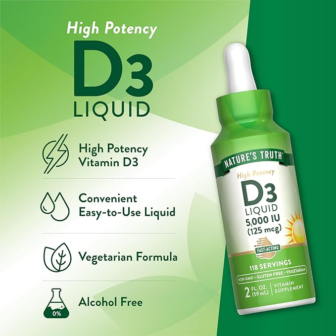 Nature's Truth Vitamine D3 Liquide | 5000 UI | 59 ml | Complément sans OGM et sans gluten