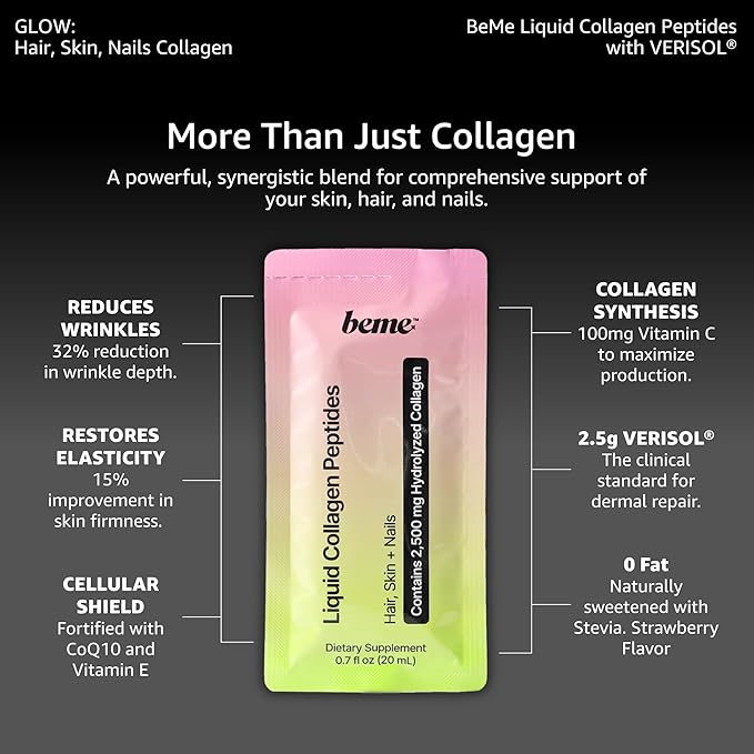 BeMe リキッドコラーゲン（女性用） - Verisolコラーゲン液2500mg、ビオチン、CoQ10、ビタミンC配合 - 臨床試験済みの髪、肌、爪用コラーゲンペプチド 0.7fl oz (20ml) x 15包 (ストロベリー)