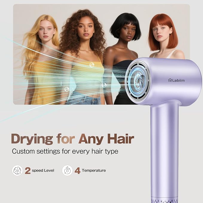 Labiim Hair Dryer, High-Speed Ionic Blow Dryer 110,000 RPM Brushless Motor for Fast Drying, 200M Ions Frizz & Thermo-Control HairDryer with Magnetic Nozzle, Quiet Compact for Home Travel, Purple