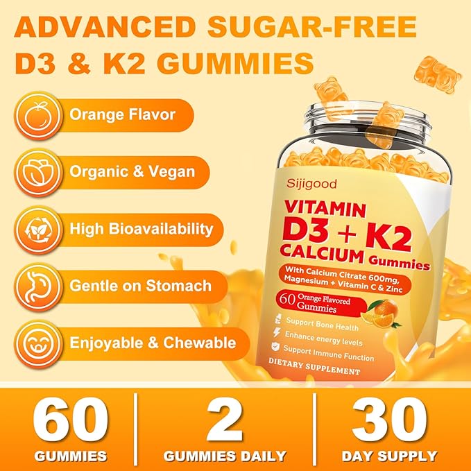 Gummies Vitamine D3 K2 avec D3 10000 UI et K2 200 MCG, Supplément 6 en 1 de Vitamine D avec Magnésium, Zinc et Calcium pour le Soutien des Os, de l'Immunité et de l'Énergie, Sans Sucre, Saveur Orange, 60 Unités