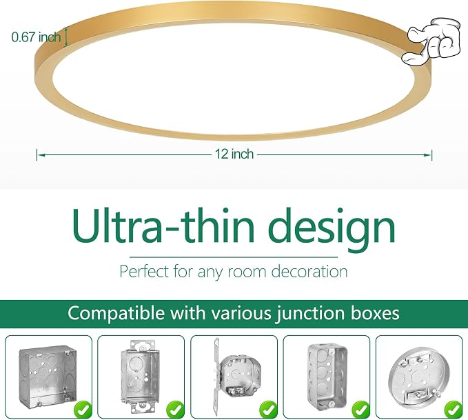 Brightever Gold LED Flush Mount Ceiling Light Fixture, 12 Inch 24W, Super Slim 0.67 Inch 3200LM LED Ceiling Lights, Dimmable & 2700K-6500K 5 Color in One Ceiling Lamp for Bedroom, Porch, 2 Packs