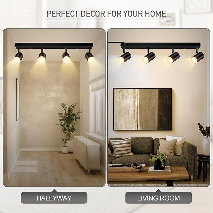 BoostArea Plug in Track Lighting, LED Track Light Kit, Black 4-Light Track Lights for Kitchen, 15 FT Cord,23" Ceiling Spotlight, Rotatable Wall Mount Light Head for Bedroom Hallway Living Room