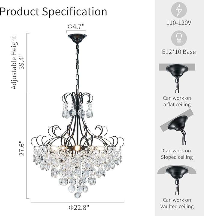 ANJIADENGSHI Crystal Chandelier K9 Crystal Lighting Chandelier for Living Room 10 E12 Bulbs High 27.6 in x Diameter 22.8 in, Black