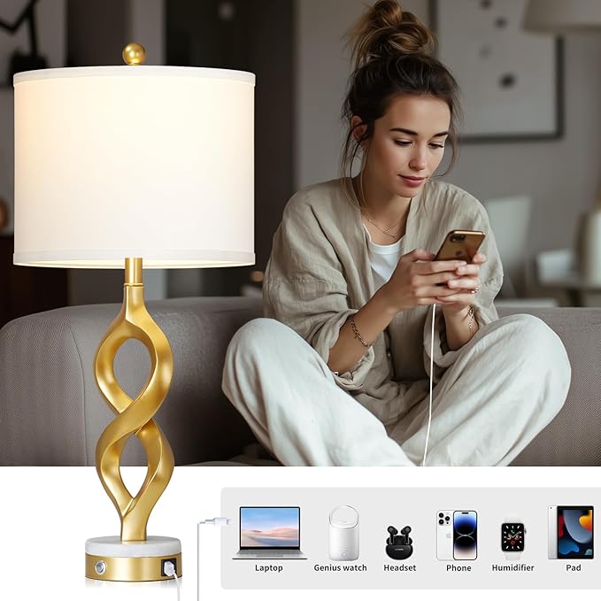 Cinyirong 30" White and Gold Table Lamp for Living Room, Modern Touch Control Bedside Lamp for Bedroom, 3-Way Dimmable Sculptural Resin Nightstand Lamp with USB A+C Ports and 1 LED Bulb (1 Pack)