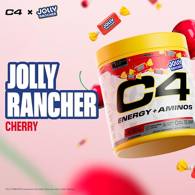 C4 Energy + Aminos Powder Jolly Rancher Cherry, 5g BCAAs & EAAs for Muscle Recovery, 3 Electrolytes for Hydration, 100mg Natural Caffeine, Pre Workout, Zero Sugar, 30 Servings