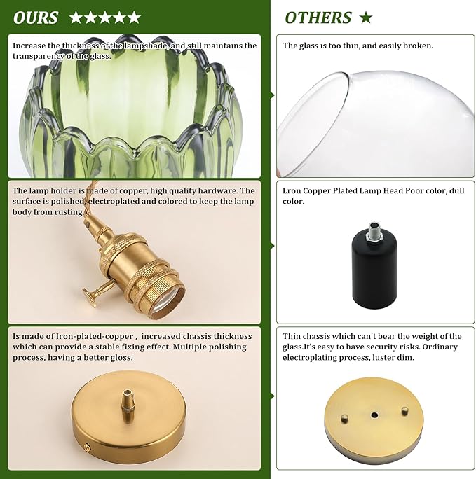 Shenmoyl Pendant Light 2 Pack with Green Tulip Glass Lmapshade, Brass Vintage Pendant Light Adjustable Hanging Light for Kitchen Island Dining Room Hallway