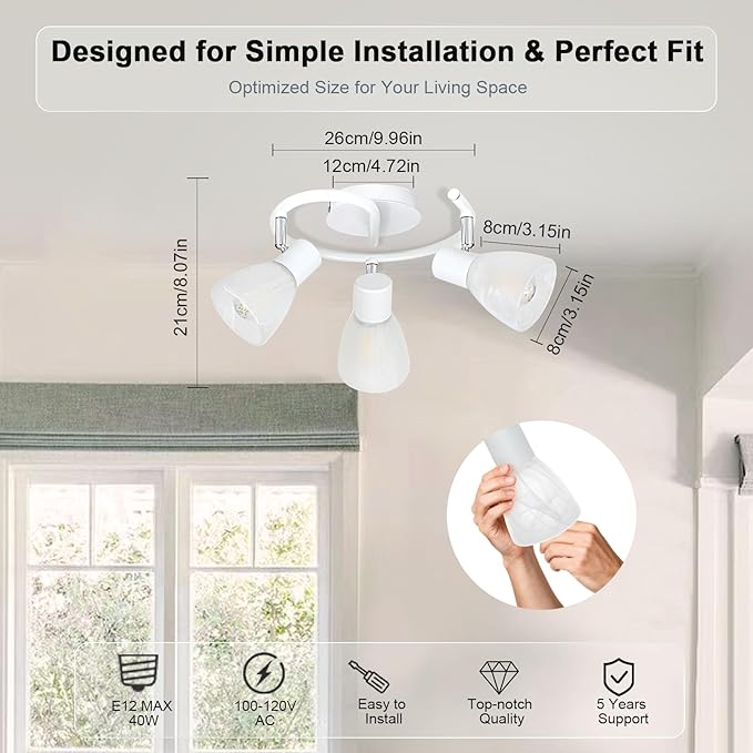 HiBay 3-Light Track Lighting, Modern Glass Ceiling Light Fixture White, Directional Flush Mount Spotlight Round for Kitchen, Bedroom, Living Room, E12 Base, No Bulbs