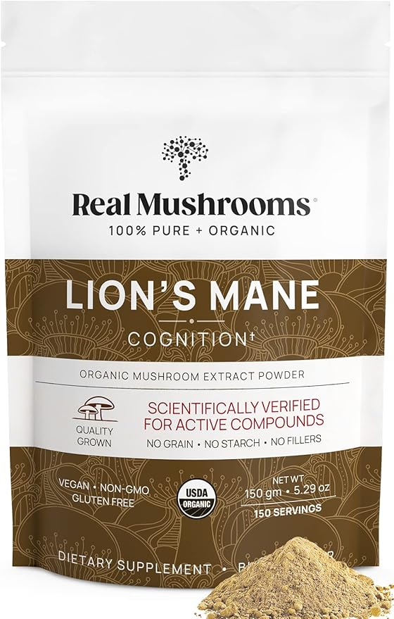 Poudre de supplément de Crinière de lion Real Mushrooms – Extrait biologique de Crinière de lion – Champignons fonctionnels avec bêta-glucanes vérifiés – Mélange fonctionnel – Sans OGM, végétalien avec 150 portions